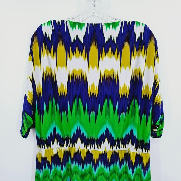 Calvin Klein Dress 16 Faux Wrap Dolman Sleeve Colorful Ikat Surplice Short Plus - Picture 9 of 11